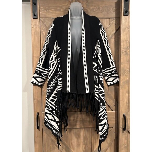 NEW Chico's Open Front Cardigan Black White Aztec Pattern w/ Fringe Size XLP 3P - Picture 2 of 9